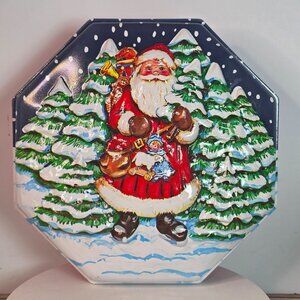 Vintage Ulman Co. Christmas Santa Snow Scene CollectorS Tin Octagonal Decorative